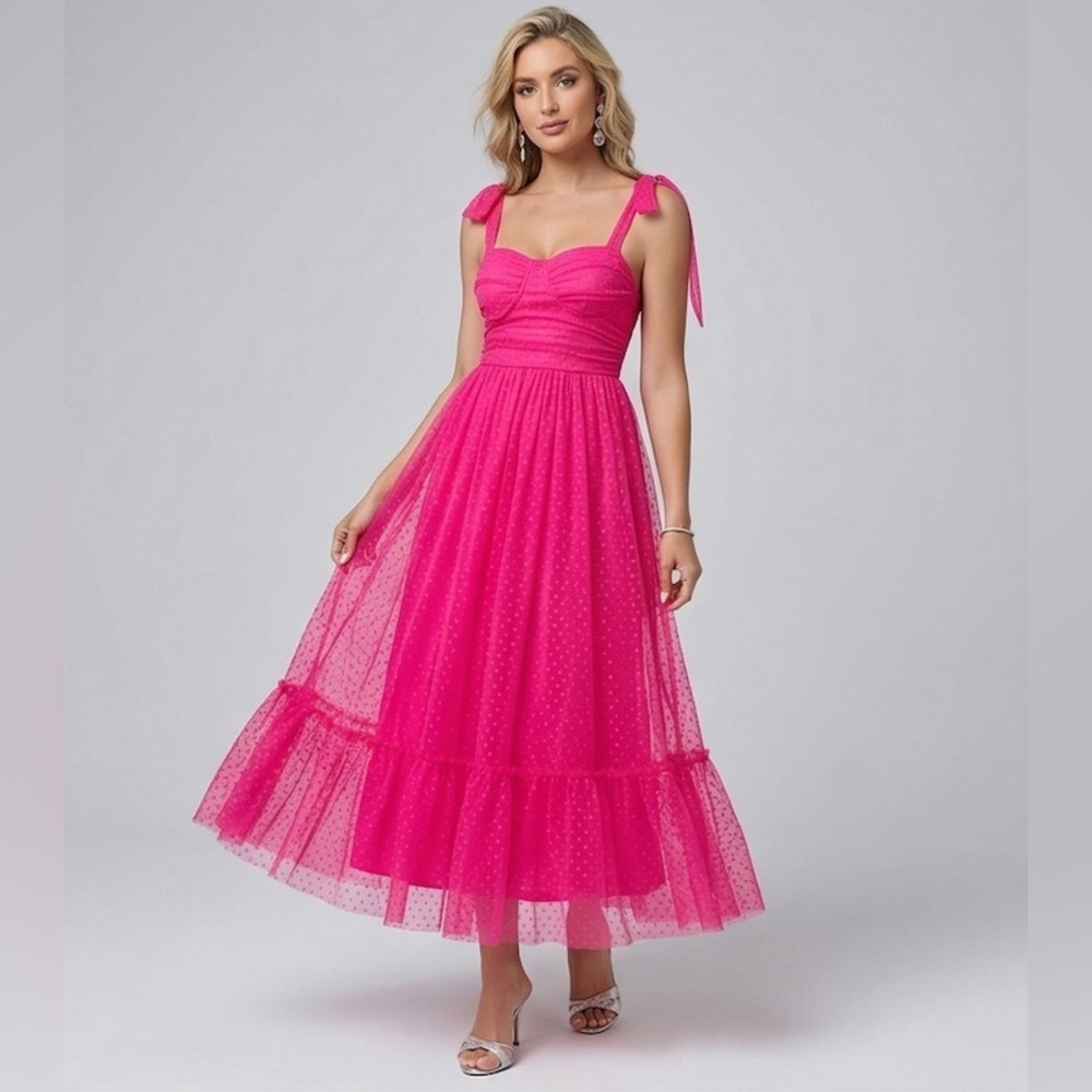 Hot Pink Swiss Dot Tulle Midi Dress with Tie-Shoulder Straps - Picture 8 of 10